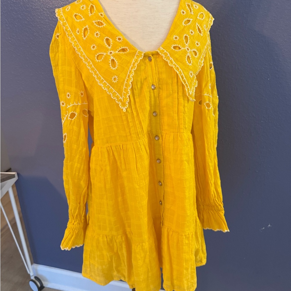 Ratio Yellow Button-Down Dress with Embroidered Collar